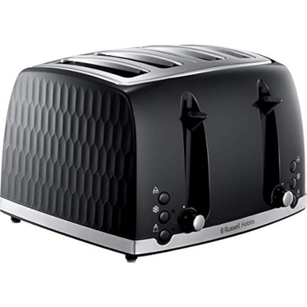 Russell Hobbs Honeycomb 4 Slice Toaster (Independent & Extra wide slots with high lift, 6 Browning levels, Frozen/Cancel/Reheat function, Removable crumb tray, 1500W, Black textured high gloss) 26071