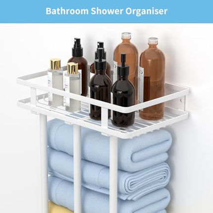 AIRUJIA Wall Mounted Towel Rack with Storage Shelf, Bathroom Towel Holder with 4 Hooks, White