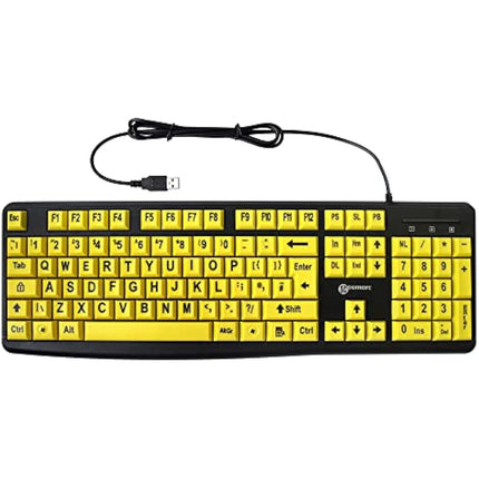 Geemarc Wired Alphanumeric Keyboard with Large Black Lettering and Yellow Keys - High Colour Contrast for People with Low Vision - Compatible with Windows XP, Vista, 7, 8, 10 - UK Version