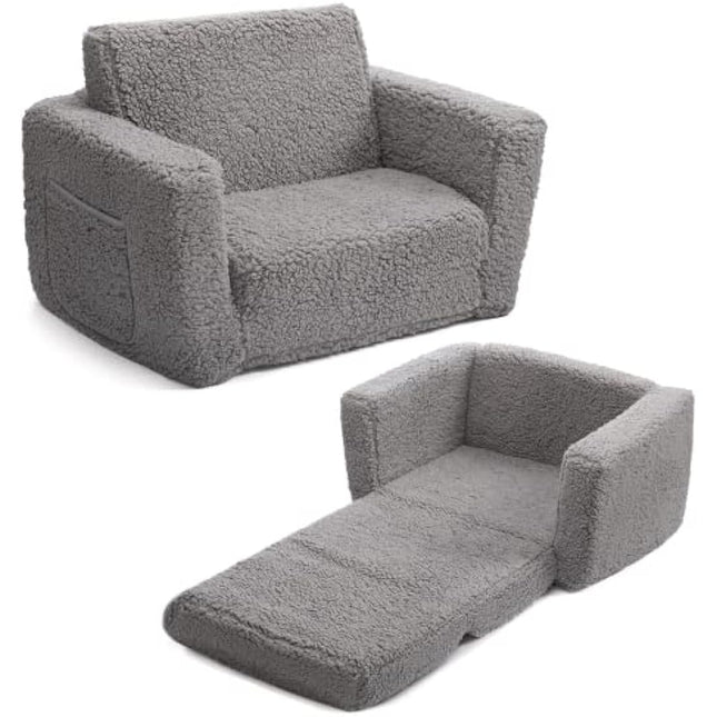 BEJOY Kids Sofa Bed 2-in-1 Flip Out Cuddly Sherpa Toddler Couch Convertible Chair to Lounger Children Sofa Bed Children's Day and Birthday Gift for Girls Boys, Grey