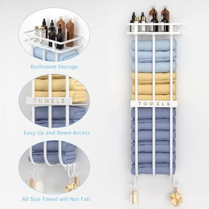 AIRUJIA Wall Mounted Towel Rack with Storage Shelf, Bathroom Towel Holder with 4 Hooks, White