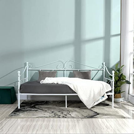 buybyroom Metal Day Bed Frame 90 x 190cm, Single Bed with Headboard and Slatted Frame Single Bed Sofa Bed Day Bed for Bedroom Living Room Guest Room, White