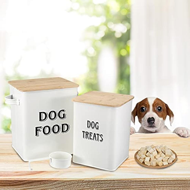 Pet Food and Treats Containers Set with Scoop for Cats or Dogs - Beige Powder-Coated Carbon Steel - Tight Fitting Wood Lids - Storage Canister Tins - Dog Food