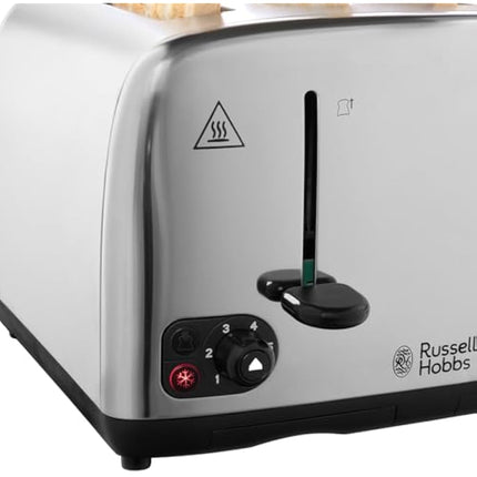 Russell Hobbs 4 Slice Toaster with Perfect Toast Technology for improved evenness (Wide slots, Lift & look feature, 6 Browning levels, Frozen & Cancel function, 1700W, Brushed & Stainless Steel) 24090