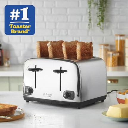 Russell Hobbs 4 Slice Toaster with Perfect Toast Technology for improved evenness (Wide slots, Lift & look feature, 6 Browning levels, Frozen & Cancel function, 1700W, Brushed & Stainless Steel) 24090