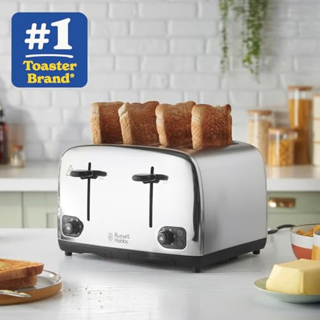 Russell Hobbs 4 Slice Toaster with Perfect Toast Technology for improved evenness (Wide slots, Lift & look feature, 6 Browning levels, Frozen & Cancel function, 1700W, Brushed & Stainless Steel) 24090