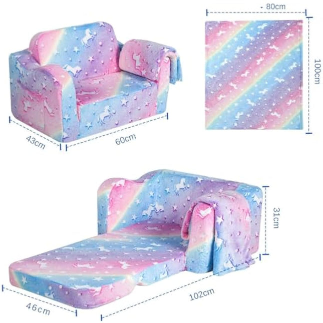 MeMoreCool Folding Kids Sofa Bed, Toddler Sofa Chair, Soft Plush Fold Out Kids Couch Glow in The Dark, Comfy Baby Recliner for Girls & Boys, Glowing Unicorn