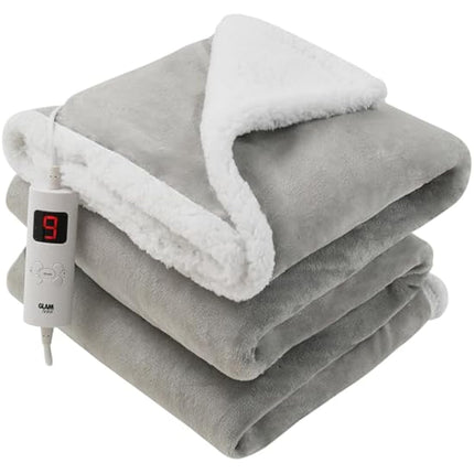 GlamHaus Heated Throw Electric Fleece Over Blanket Sofa Bed Large 160 X 130cm - 9 Heat and 9 Timer Auto Shut Off, Soft, Reversible Design, Digital Control, Machine Washable (Light Grey)