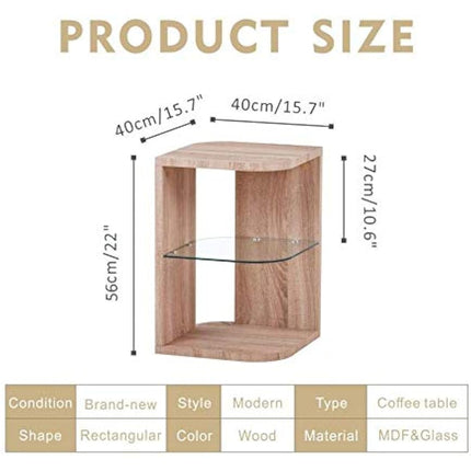 GOLDFAN Glass Wood Side Table End Table Small Coffee Table Lamp Sofa Bedside Table with Storage for Living Room/Bed Room, Oak Finish