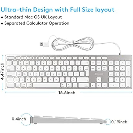 All-Aluminium Wired Keyboard for Apple Mac OS Layout with Numeric Keypad, Durable and Sleek Design, Plug-n-Play Cable Connection in USB-A or USB-C, Compatible with iMac/Mac Mini/MacBook Laptop-Silver