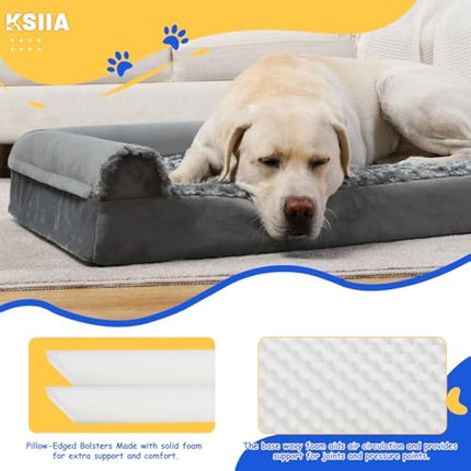 KSIIA Large Dog Bed, XL Orthopedic Dog Sofa Beds with Removable Washable Cover, Waterproof Pet Sofa with U-Shape Bolster, Grey 105x70x18cm