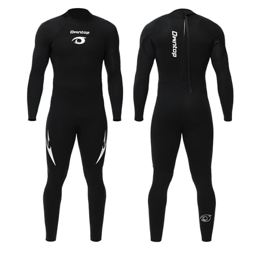 Owntop Men's Full Length 3/2mm Wetsuit, Ultra-Stretch Long Sleeve Winter Wetsuit, Back Zip Adult Neoprene Surfing Diving Wet Suit, Men Black L