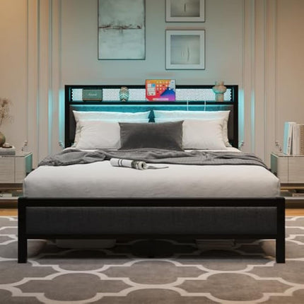MOFLUT King Size Bed Frame with Upholstered Headboard, Wooden Storage Headboard Shelf, 5ft Upholstered Bed Frame Kingsize with Charging Station/USB Ports and LED Lights (Gray King Bed)