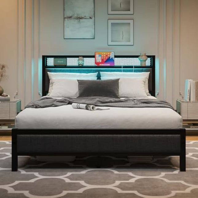 MOFLUT King Size Bed Frame with Upholstered Headboard, Wooden Storage Headboard Shelf, 5ft Upholstered Bed Frame Kingsize with Charging Station/USB Ports and LED Lights (Gray King Bed)