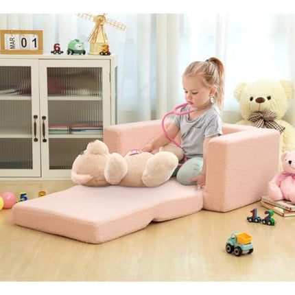 BEJOY Kids Sofa Bed 2-in-1 Fold Out Bed Cuddly Teddy Fur Toddler Couch Convertible Sofa to Lounger Toddler Armchair Kids Chair Children's Day and Birthday Gift for Girls Boys, Misty Rose