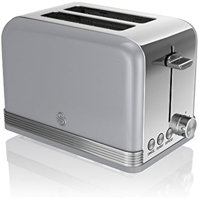 Swan ST19010GRN Retro 2-Slice Toaster with Defost/Reheat/Cancel Functions, Cord Storage, 815W, Retro Grey