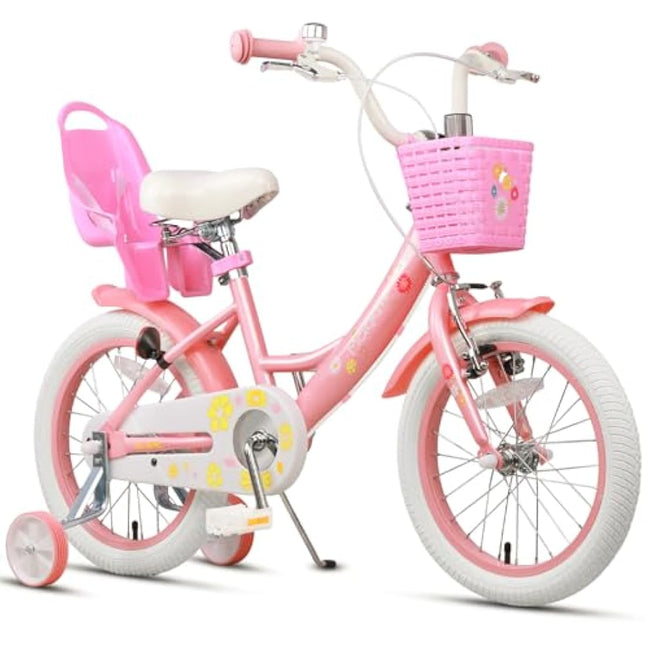 Glerc Maggie 16 Inch Kids Bike for 2-13 Years Old, Girls Bicycle with Doll-Seat & Basket & Stabilisers & Kickstand, Multiple Colors