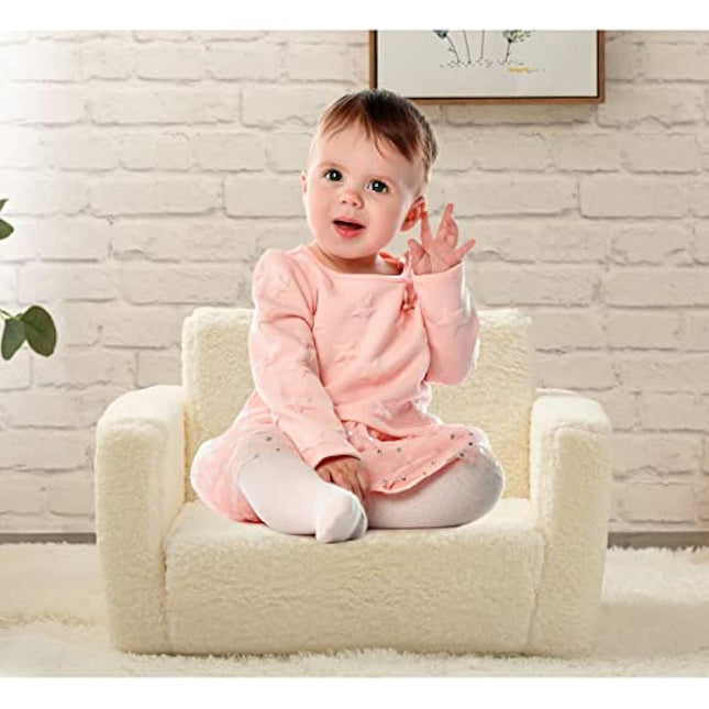 BEJOY Kids Sofa Bed 2-in-1 Flip Out Cuddly Sherpa Toddler Couch Convertible Chair to Lounger Children Sofa Bed Children's Day and Birthday Gift for Girls Boys, White
