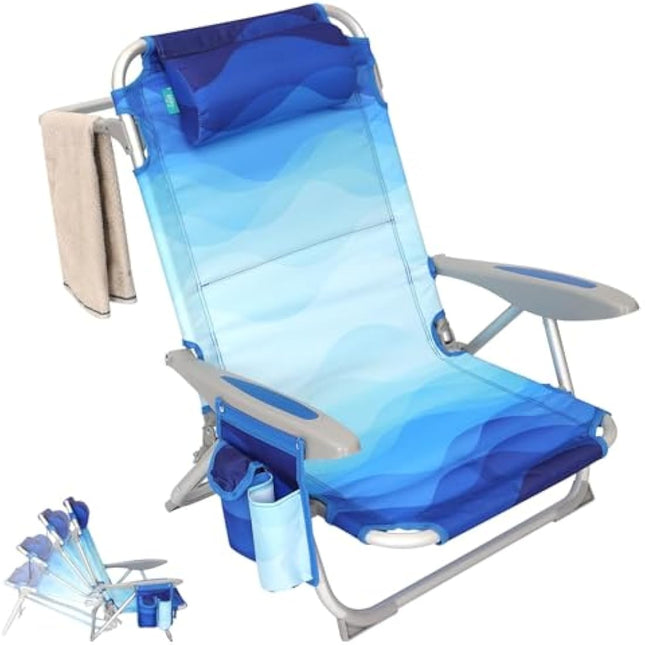 #WEJOY 4-Position Adjustable Beach Chair for Adults, Folding Low Camping Chairs Aluminum Lightweight & Portable, High Back Pillow Pocket Outdoor Reclining Garden Chair