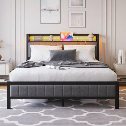 MOFLUT King Size Bed Frame with Upholstered Headboard, Wooden Storage Headboard Shelf, 5ft Upholstered Bed Frame Kingsize with Charging Station/USB Ports and LED Lights (Gray King Bed)