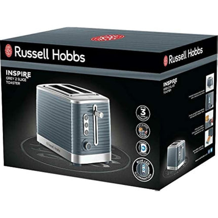 Russell Hobbs Inspire 2 Slice Toaster (Extra wide slots, High lift feature, 6 Browning levels, Frozen/Cancel/Reheat function with Blue LED illumination, 1050W, Grey textured high gloss) 24373