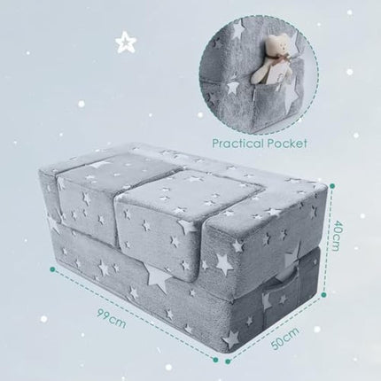 MeMoreCool Kids Sofa Bed, Modular Toddler Couch, Glow in The Dark Stars Kids Chair Lounger Fold Out, Baby Mini Couch Bedroom Furniture for Playroom, Grey Star