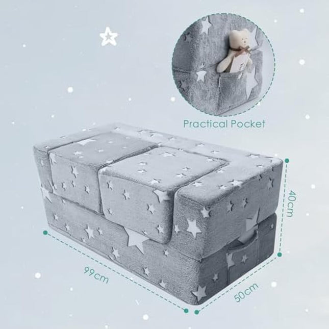 MeMoreCool Kids Sofa Bed, Modular Toddler Couch, Glow in The Dark Stars Kids Chair Lounger Fold Out, Baby Mini Couch Bedroom Furniture for Playroom, Grey Star