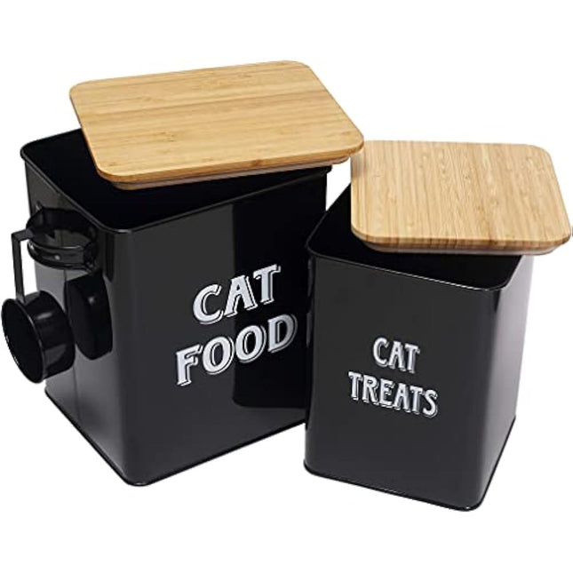 Pet Food and Treats Containers Set with Scoop for Cats or Dogs - Beige Powder-Coated Carbon Steel - Tight Fitting Wood Lids - Storage Canister Tins - Cat Food - Black