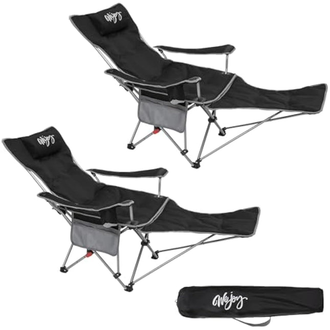 #WEJOY Camping Chairs Folding Recliner Chair Adjustable with Detachable Footrest Headrest Cup Holder Lightweight Portable Padded Reclining Camp Chair Fold Up Chair for Beach Garden,Black Set of 2