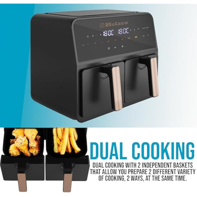 Belaco Air Fryer, 9L Dual Zone, Digital Display, Rapid Air Circulation, Air Fryers, 60 Min Timer, Adjustable Temperature, Dishwasher Safe Basket BEL-AF-03 Smart Finish