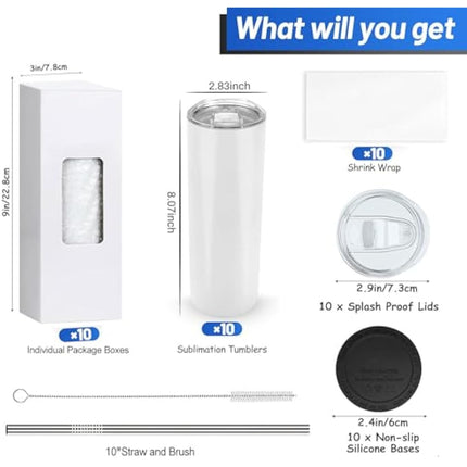 MSYU 10 Pack Sublimation Tumblers Bulk, 20 oz Stainless Steel Straight Skinny Tumbler, White Double Walled Vacuum Tumbler with Straws and Lid for DIY, Memorial Gifts, Individually Boxed