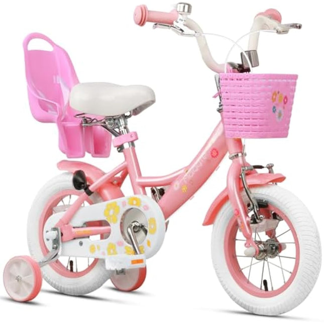 Glerc Maggie 12 Inch Kids Bike for 2-13 Years Old, Girls Bicycle with Doll-Seat & Basket & Stabilisers & Kickstand, Multiple Colors
