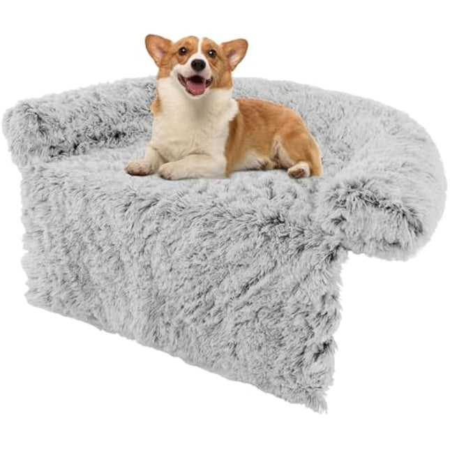 COSTWAY Plush Dog Sofa Bed, Calming Pet Sleep Couch with Anti-Slip Bottom, Washable Cover, Soft Neck Bolster, Fluffy Puppy Cats Bed Mat for Small Medium Large Dogs (S, Grey White)