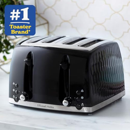Russell Hobbs Honeycomb 4 Slice Toaster (Independent & Extra wide slots with high lift, 6 Browning levels, Frozen/Cancel/Reheat function, Removable crumb tray, 1500W, Black textured high gloss) 26071