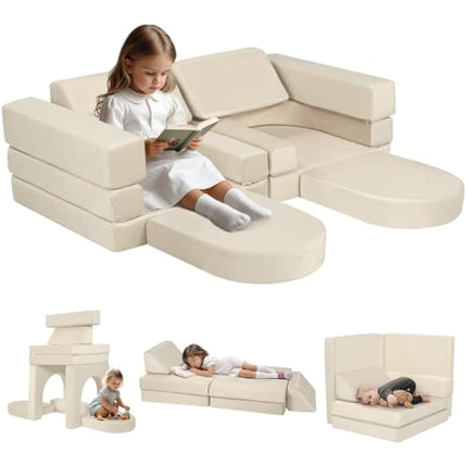 MeMoreCool 10-Pieces Kids Play Sofa Bed, Modular Toddler Chair Couch for Playroom, Fold Out Foam Couch for Girls Boys, Convertible Children Sectional Playset, Beige