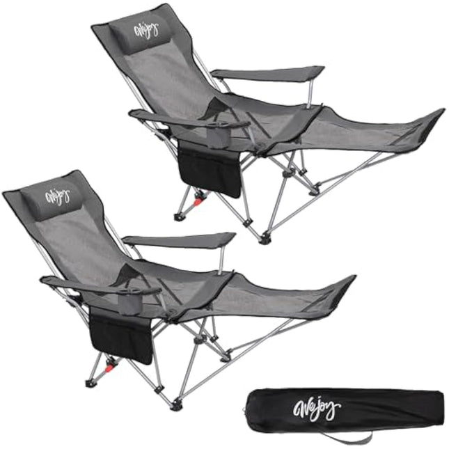 #WEJOY Camping Chairs Folding Recliner Chair Adjustable with Detachable Footrest Headrest Cup Holder Portable Reclining Camp Chair Fold Up Chair for Outdoor Beach Garden,Grey black Set of 2