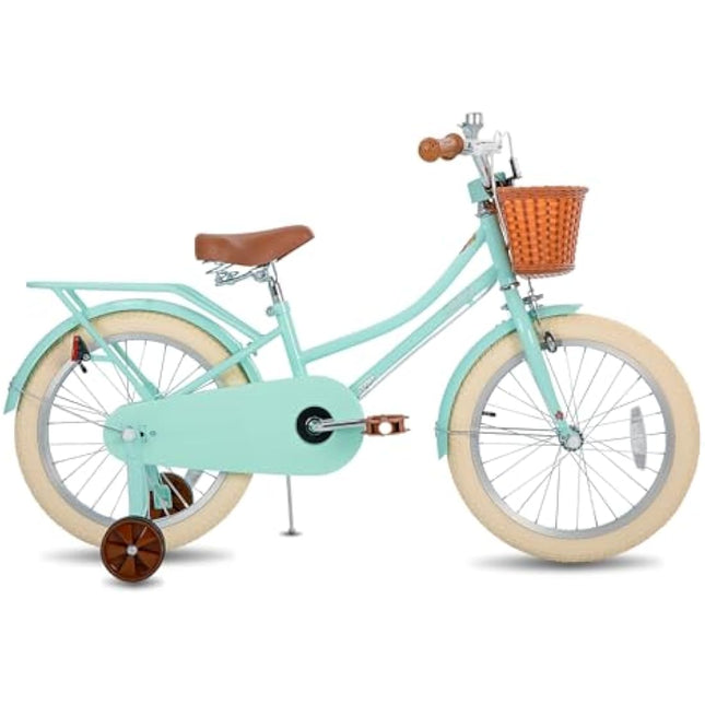 STITCH 18 Inch Kids Bike with Basket & Training Wheels for 3-8 Years Old Girls & Boys (Green & Pink)