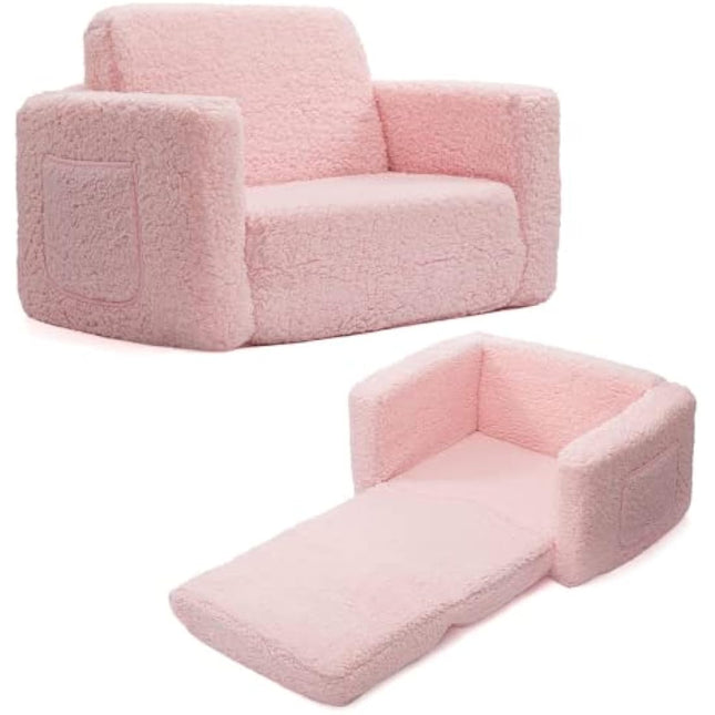 BEJOY Kids Sofa Bed 2-in-1 Flip Out Cuddly Sherpa Toddler Couch Convertible Sofa to Lounger Children Sofa Bed Children's Day and Birthday Gift for Girls Boys, Pink