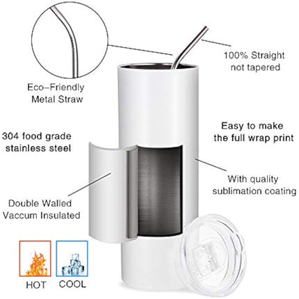 PYD Life 10 Pack Sublimation Tumblers Bulk Blank 20 OZ Skinny White Stainless Steel Tumbler Cups with Straw and Lid for Mug Tumbler Heat Press Sublimation Oven Printing