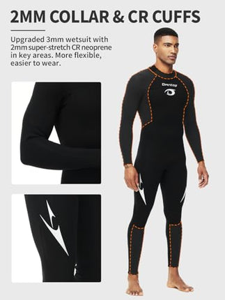 Owntop Men's Full Length 3/2mm Wetsuit, Ultra-Stretch Long Sleeve Winter Wetsuit, Back Zip Adult Neoprene Surfing Diving Wet Suit, Men Black XXL