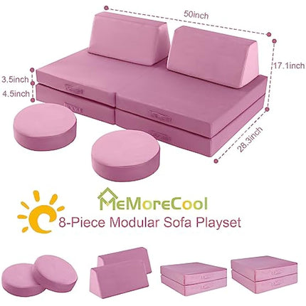MeMoreCool Kids Play Sofa Bed, Modular Toddler Armchair Couch Chair for Bedroom Playroom, 8-Piece Fold Out Couch Play Set, Creative Baby Couch Children Convertible Sofa, Pink