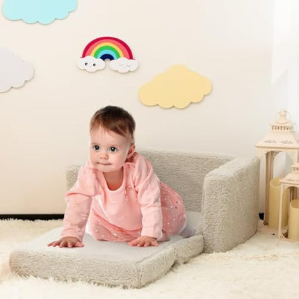 BEJOY Kids Sofa Bed 2-in-1 Flip Out Cuddly Sherpa Toddler Couch Convertible Sofa to Lounger Children Sofa Bed Children's Day and Birthday Gift for Girls Boys, Light Grey