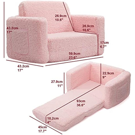 BEJOY Kids Sofa Bed 2-in-1 Flip Out Cuddly Sherpa Toddler Couch Convertible Sofa to Lounger Children Sofa Bed Children's Day and Birthday Gift for Girls Boys, Pink