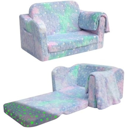 MeMoreCool Kids Couch, Folding Kids Sofa Bed, Toddler Convertible Sofa Chair to Lounger Pull Out Couch for Playroom, Glow In The Dark