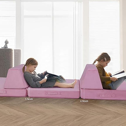 MeMoreCool Kids Play Sofa Bed, Modular Toddler Armchair Couch Chair for Bedroom Playroom, 8-Piece Fold Out Couch Play Set, Creative Baby Couch Children Convertible Sofa, Pink