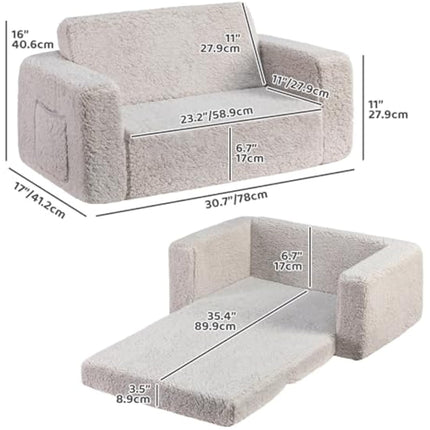 BEJOY Kids Sofa Bed, Extra Wide 2-in-1 Toddler Soft Sherpa Couch Fold Out, Convertible toddler bed to Lounger for Girls and Boys, Light Grey
