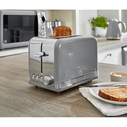 Swan ST19010GRN Retro 2-Slice Toaster with Defost/Reheat/Cancel Functions, Cord Storage, 815W, Retro Grey