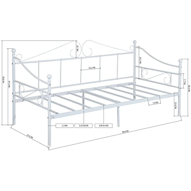 buybyroom Metal Day Bed Frame 90 x 190cm, Single Bed with Headboard and Slatted Frame Single Bed Sofa Bed Day Bed for Bedroom Living Room Guest Room, White