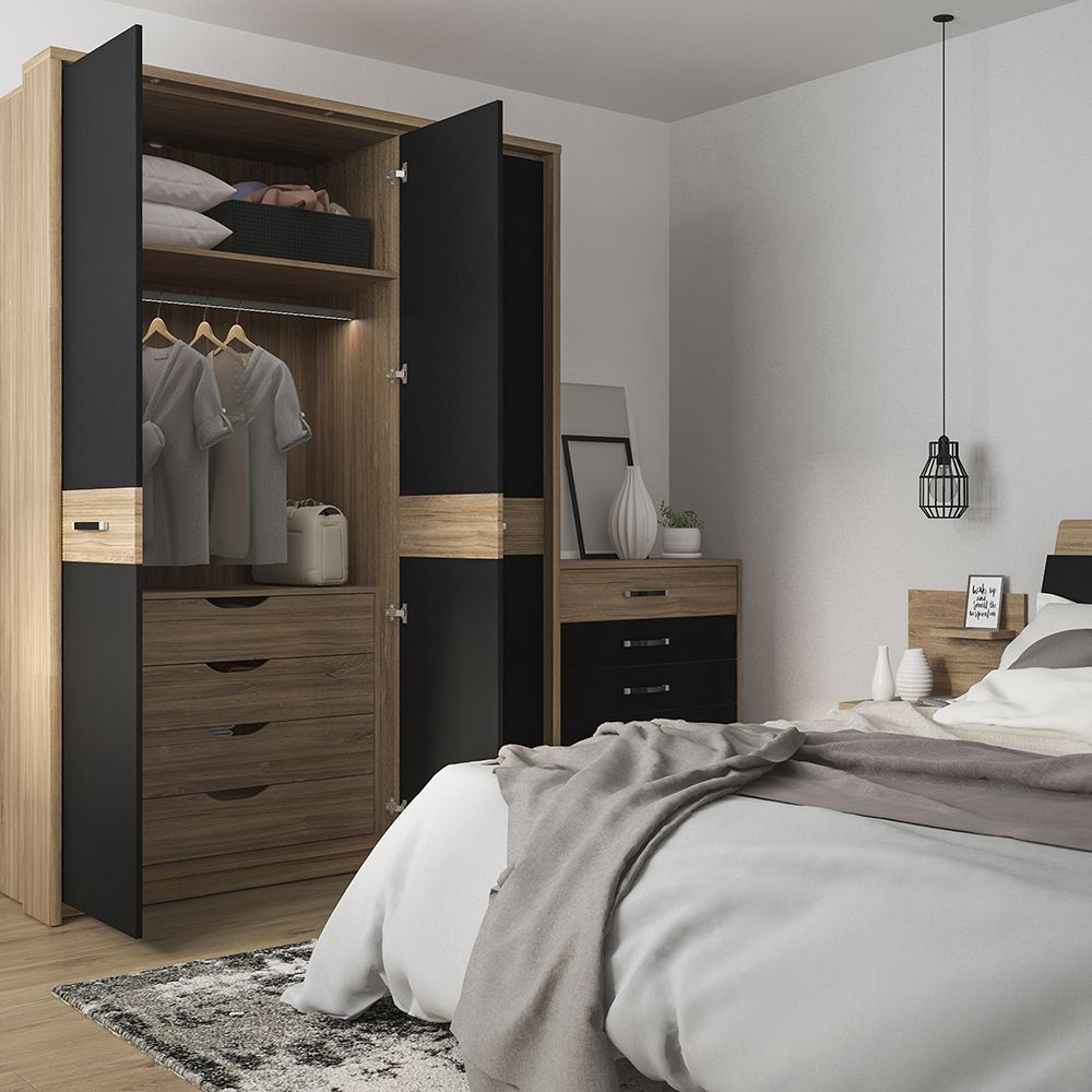 Monaco 4 door wardrobe with mirror doors in Oak and Black