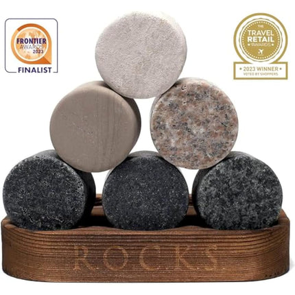 Whiskey Chilling Stones Gift Set - 6 Handcrafted Premium Granite Round Sipping Rocks - 2 Crystal Superior Glasses - Hardwood Presentation & Storage Tray - Elegant Gold Foil Gift Box by R.O.C.K.S.